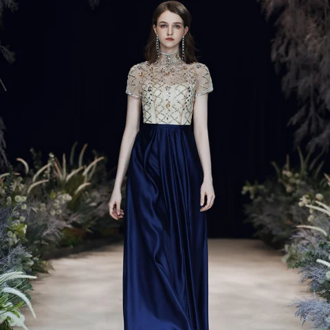 Elegante Azul Real Vestidos de noche 2020 A-Line / Princess Cuello Alto Rebordear Rhinestone Lentejuelas Manga Corta Sin Espalda Largos Vestidos Formales