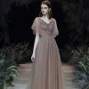 Charming Brown Evening Dresses  2020 A-Line / Princess V-Neck Beading Sequins Short Sleeve Backless Floor-Length / Long Formal Dresses