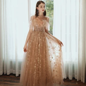 Mode Champagner Star Spitze Ballkleider 2020 A Linie Rundhalsausschnitt Perlenstickerei Pailletten Blumen Kurze Ärmel Rückenfreies Lange Festliche Kleider
