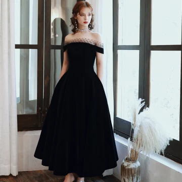 Elegant Black Prom Dresses 2020 A Line Princess Spotted Off The Shoulder Suede Sleeveless Backless Tea Length Formal Dresses