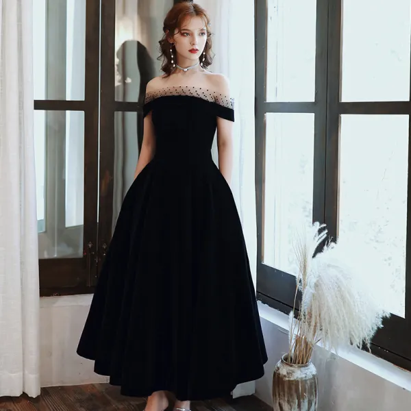 Elegant Black Prom Dresses 2020 A-Line / Princess Spotted Off-The-Shoulder Suede Sleeveless Backless Tea-length Formal Dresses