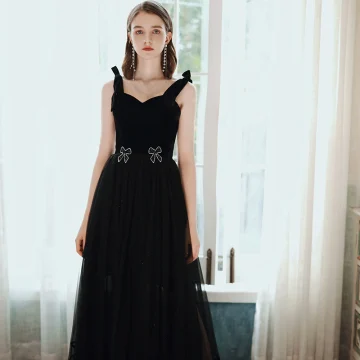 Elegant Black Prom Dresses 2020 A Line Princess Square Neckline Rhinestone Bow Sleeveless Backless Floor Length Long Formal Dresses