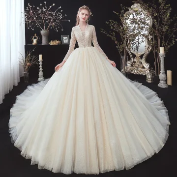 Élégant Champagne Glitter Robe De Mariée 2020 Robe Boule V Cou Perlage Faux Diamant Paillettes En Dentelle Fleur Manches Longues Dos Nu Royal Train