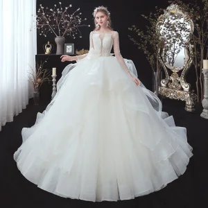 Eleganta Elfenben Cascading Volanger Bröllopsklänningar 2020 Balklänning Urringning Beading Pärla Paljetter Rosett 3 4 Ärm Halterneck Cathedral Train