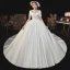Haut de Gamme Élégant Ivoire Satin Robe De Mariée 2021 Robe Boule Perle Encolure Carrée Manches Courtes Dos Nu Noeud Royal Train Mariage