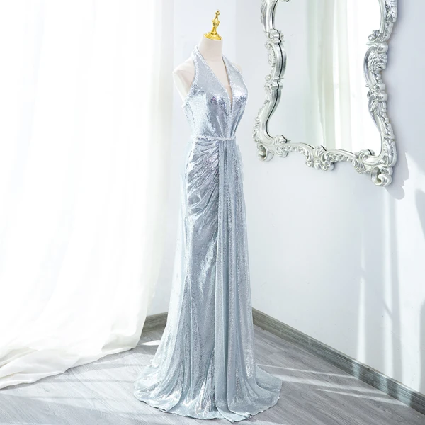 Scintillantes Argenté Paillettes Robe De Soirée 2024 Trompette / Sirène Titulaire Sans Manches Dos Nu Train De Balayage Soirée Robe De Ceremonie
