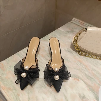 Fashion Black Street Wear Womens Sandals 2021 Pearl Bow 7 Cm Stiletto Heels Pointed Toe Slipper Flip Flops High Heels