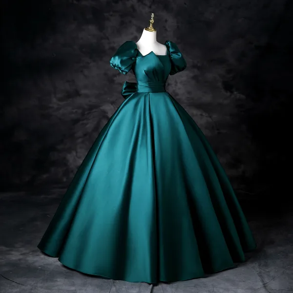 Vintage / Retro Dark Green Satin Prom Dresses 2025 Ball Gown Square Neckline Puffy Short Sleeve Backless Bow Floor-Length / Long Prom Formal Dresses