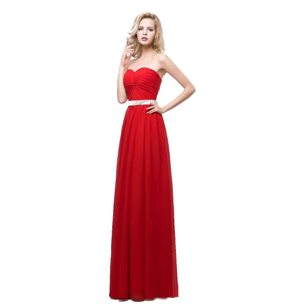 Enkel Rød Chiffon Selskapskjoler 2018 Empire Kjæreste Uten Ermer Rhinestone Sash Lange Buste Ryggløse Formelle Kjoler
