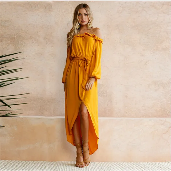 Chic / Beautiful Yellow Casual Summer Maxi Dresses 2018 Sash Asymmetrical Split Front Off-The-Shoulder Long Sleeve Womens Clothing