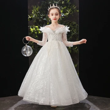 Chic Beautiful White Birthday Flower Girl Dresses 2022 Ball Gown Scoop Neck Beading Sequins Lace Flower 3 4 Sleeve Floor Length Long Flower Girl Dresses