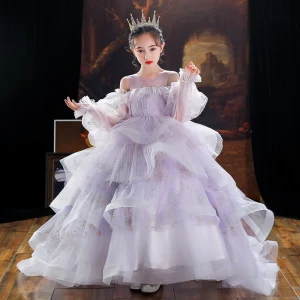 Fashion Lavender Sequins Cascading Ruffles Birthday Flower Girl Dresses 2022 Ball Gown Scoop Neck Puffy Long Sleeve Floor Length Long Flower Girl Dresses