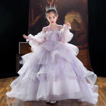 Fashion Lavender Sequins Cascading Ruffles Birthday Flower Girl Dresses 2022 Ball Gown Scoop Neck Puffy Long Sleeve Floor Length Long Flower Girl Dresses