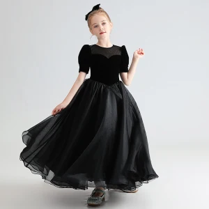 Styl Audrey Hepburn Czarne Zamszowe Urodziny Sukienki Dla Dziewczynek 2022 Princessa Wycięciem Kótkie Rękawy Długie Kokarda Sukienki Dla Dziewczynek