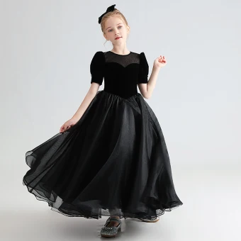Audrey Hepburn Style Black Suede Birthday Flower Girl Dresses 2022 A Line Princess Scoop Neck Short Sleeve Floor Length Long Bow Flower Girl Dresses