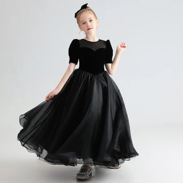 Audrey Hepburn Style Black Suede Birthday Flower Girl Dresses 2022 A Line Princess Scoop Neck Short Sleeve Floor Length Long Bow Flower Girl Dresses