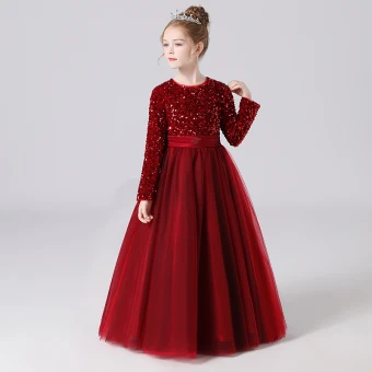 Chic Beautiful Burgundy Sequins Birthday Flower Girl Dresses 2022 A Line Princess Scoop Neck Sash Bow Long Sleeve Floor Length Long Flower Girl Dresses