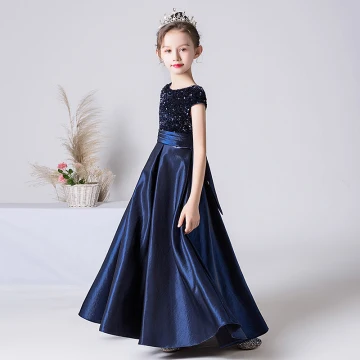Chic Beautiful Navy Blue Satin Sequins Birthday Flower Girl Dresses 2022 A Line Princess Scoop Neck Short Sleeve Bow Floor Length Long Flower Girl Dresses
