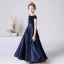 Chic / Beautiful Navy Blue Satin Sequins Birthday Flower Girl Dresses 2022 A-Line / Princess Scoop Neck Short Sleeve Bow Floor-Length / Long Flower Girl Dresses