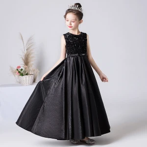 Chic Belle Noire Paillettes Satin Anniversaire Robe Ceremonie Fille 2022 Princesse Encolure Dégagée Sans Manches Ceinture Longue Robe Ceremonie Fille