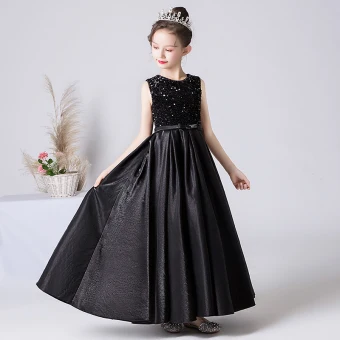 Chic Beautiful Black Sequins Satin Birthday Flower Girl Dresses 2022 A Line Princess Scoop Neck Sleeveless Sash Floor Length Long Flower Girl Dresses