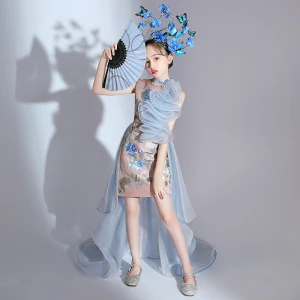 Style Chinois Bleu Ciel Brodé Paillettes Anniversaire Robe Ceremonie Fille 2022 Trompette Sirène Col Haut Volants Sans Manches Promo Train De Balayage Robe Ceremonie Fille