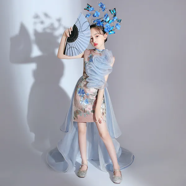 Chinese style Sky Blue Embroidered Sequins Birthday Flower Girl Dresses 2022 Trumpet / Mermaid High Neck Ruffle Sleeveless Prom Sweep Train Flower Girl Dresses