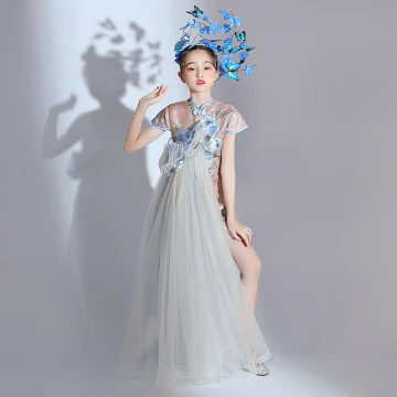 Chinese Stijl Blozen Roze Pailletten Geborduurde Verjaardag Cheongsam Bloemenmeisjes Jurken 2022 Hoge Kraag Korte Mouwen Bloemenmeisjes Jurken Knielengte Cheongsam