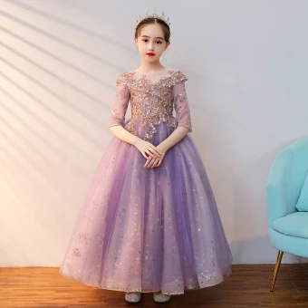 Chic Beautiful Lilac Beading Sequins Birthday Flower Girl Dresses 2022 A Line Princess Scoop Neck 1 2 Sleeves Backless Floor Length Long Flower Girl Dresses