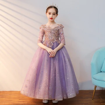 Chic Belle Lilas Perlage Paillettes Anniversaire Robe Ceremonie Fille 2022 Princesse Encolure Dégagée 1 2 Manches Dos Nu Longue Robe Ceremonie Fille