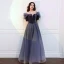 Fashion Navy Blue Suede Rhinestone Prom Dresses 2022 A-Line / Princess Scoop Neck Short Sleeve Backless Floor-Length / Long Formal Dresses