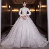 Muslim Sparkly Charming White Beading Pearl Rhinestone Sequins Winter Wedding Dresses 2022 Ball Gown Scoop Neck Long Sleeve Royal Train Wedding