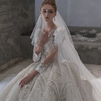 Luxury Gorgeous White Handmade Beading Pearl Rhinestone Lace Flower Wedding Dresses 2022 Ball Gown Embroidered Sequins V Neck 3 4 Sleeve Royal Train Wedding