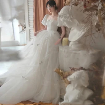 Simple Blanche Robe De Bal 2022 Princesse Encolure Carrée Manches Courtes Longue Robe De Ceremonie