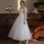 Chic / Belle Blanche Paillettes En Dentelle Fleur Robe De Bal 2022 Princesse Encolure Dégagée Manches Courtes Dos Nu Longue Robe De Ceremonie