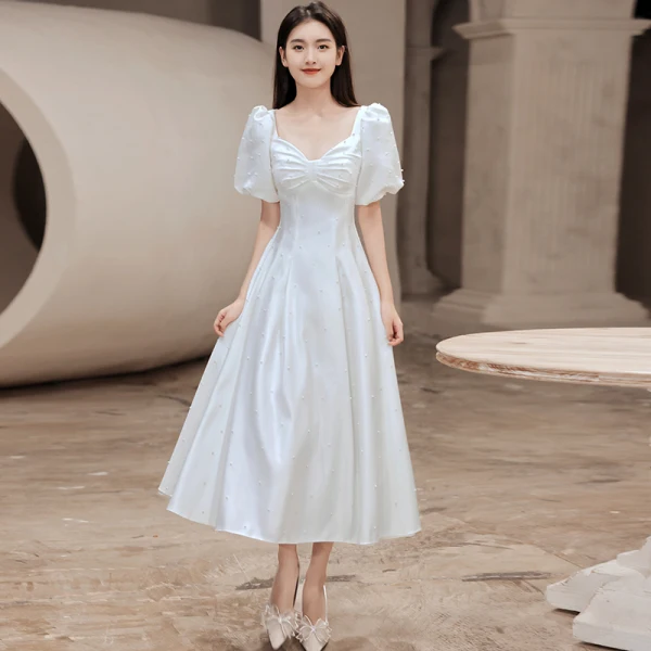 white dress graduation a line ZAPAKA Women White A Line Short Pleated Graduation Dress Square Neck Chiffon Little White Dress, White / US6