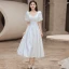 Modest / Simple White Homecoming Graduation Dresses 2022 A-Line / Princess Satin V-Neck Puffy Short Sleeve Pearl Tea-length Formal Dresses