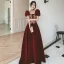 Elegant Burgundy Suede Prom Dresses 2022 A-Line / Princess Square Neckline Lace Flower Puffy Short Sleeve Backless Floor-Length / Long Prom Dresses