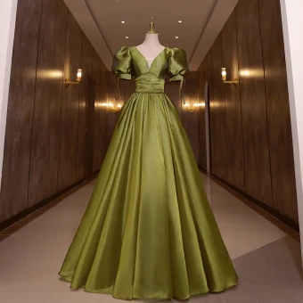 Elegant Clover Green Prom Dresses 2022 A Line Princess V Neck Puffy Short Sleeve Backless Bow Floor Length Long Formal Dresses