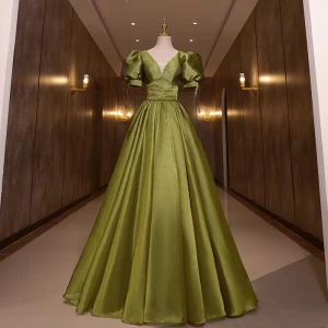 Elegantes Trébol Verde Vestidos De Gala 2022 A Line Princess V Cuello Hinchado Manga Corta Sin Espalda Bowknot Largos Vestidos Formales