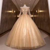 Glitzernden Champagner Glanz Perlenstickerei Perle Pailletten Ballkleider 2022 Ballkleid Rundhalsausschnitt Lange Ärmel Rückenfreies Lange Festliche Kleider