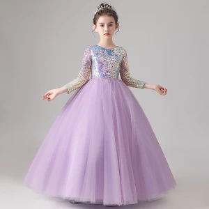 Chic Belle Lilas Dégradé De Couleur Paillettes Anniversaire Robe Ceremonie Fille 2022 Robe Boule Encolure Dégagée Manches Longues Longue Robe Ceremonie Fille