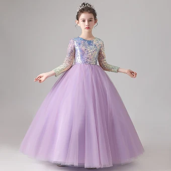 Chic Beautiful Lilac Gradient Color Sequins Birthday Flower Girl Dresses 2022 Ball Gown Scoop Neck Long Sleeve Floor Length Long Flower Girl Dresses