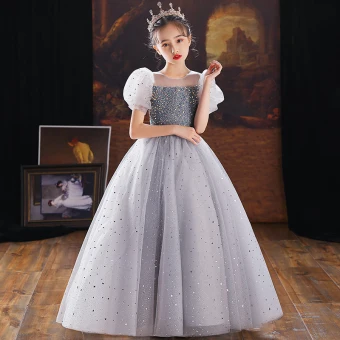 Chic Belle Gris Paillettes Anniversaire Robe Ceremonie Fille Robe Boule 2022 Encolure Dégagée Gonflée Manches Courtes Longue Robe Ceremonie Fille
