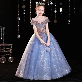 Scintillantes Bleu Perlage Paillettes Anniversaire Robe Ceremonie Fille 2022 Robe Boule Encolure Dégagée Manches Courtes Dos Nu Longue Robe Ceremonie Fille