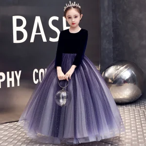 Elegant Ocean Blue Sequins Flower Girl Dresses 2022 Ball Gown Scoop Neck Suede Long Sleeve Floor Length Long Flower Girl Dresses