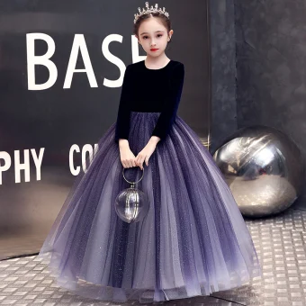 Élégant Océan Bleu Paillettes Robe Ceremonie Fille 2022 Robe Boule Encolure Dégagée Daim Manches Longues Longue Robe Ceremonie Fille