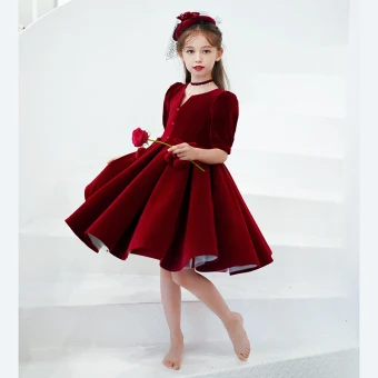 Chic Beautiful Burgundy Suede Birthday Flower Girl Dresses 2022 A Line Princess V Neck Short Sleeve Knee Length Flower Girl Dresses