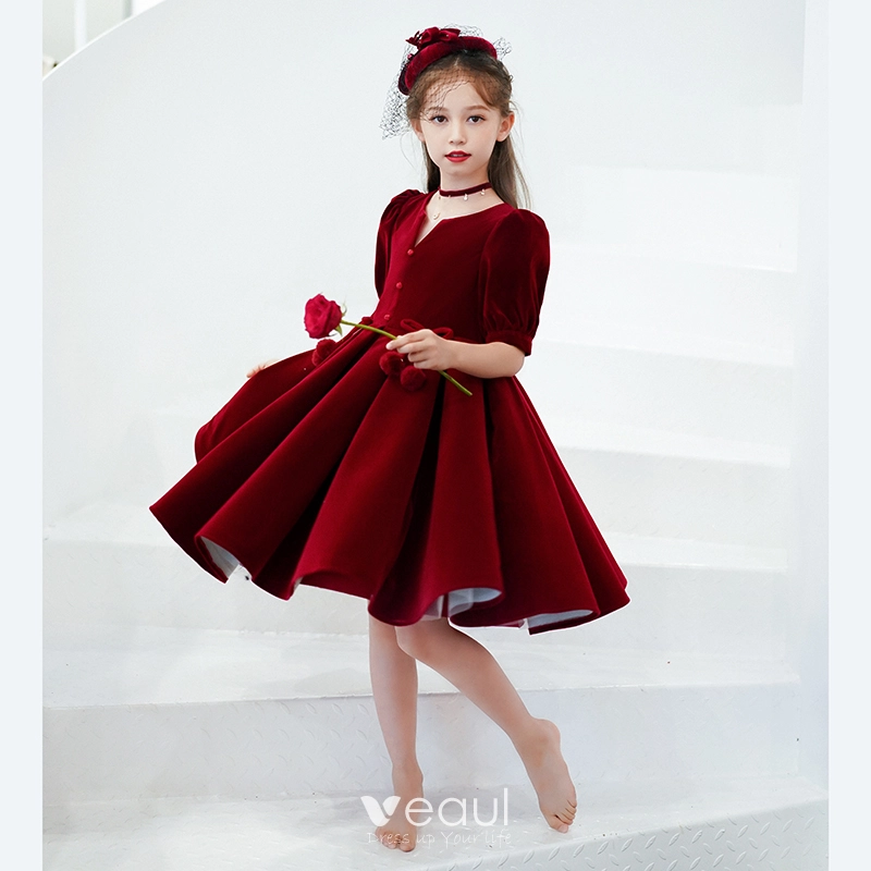 Chic Beautiful Burgundy Suede Birthday Flower Girl Dresses 2022 A Line Princess V Neck Short Sleeve Knee Length Flower Girl Dresses