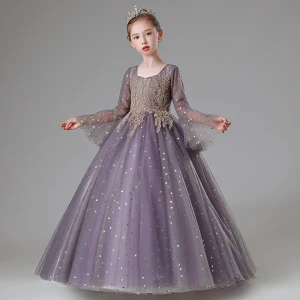 Elegant Lilac Beading Lace Flower Rhinestone Birthday Flower Girl Dresses 2022 Ball Gown Square Neckline Star Sequins Bell Sleeves Floor Length Long Flower Girl Dresses